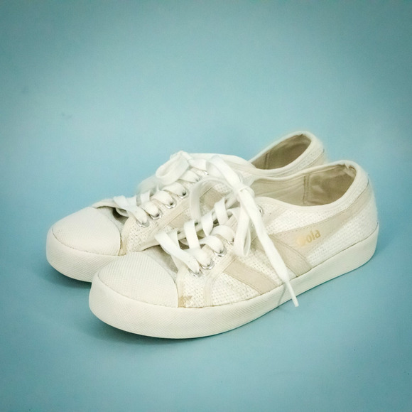 Gola Size 6 White Natural Coaster Raffia Low Top Lace Up Textile Upper Sneakers - Picture 1 of 9